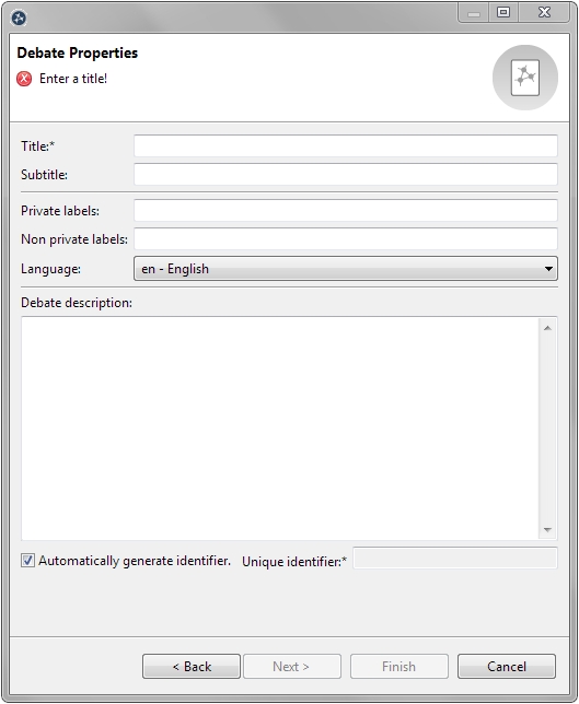 Entering the debate properties in the "Create Debate" wizard